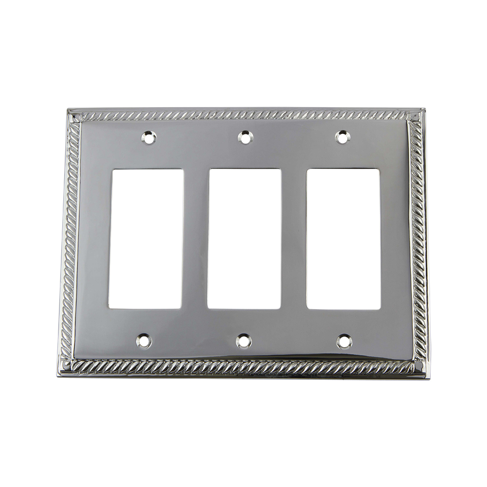 Nostalgic Warehouse ROPSWPLTR3 Rope Switch Plate with Triple Rocker in Bright Chrome