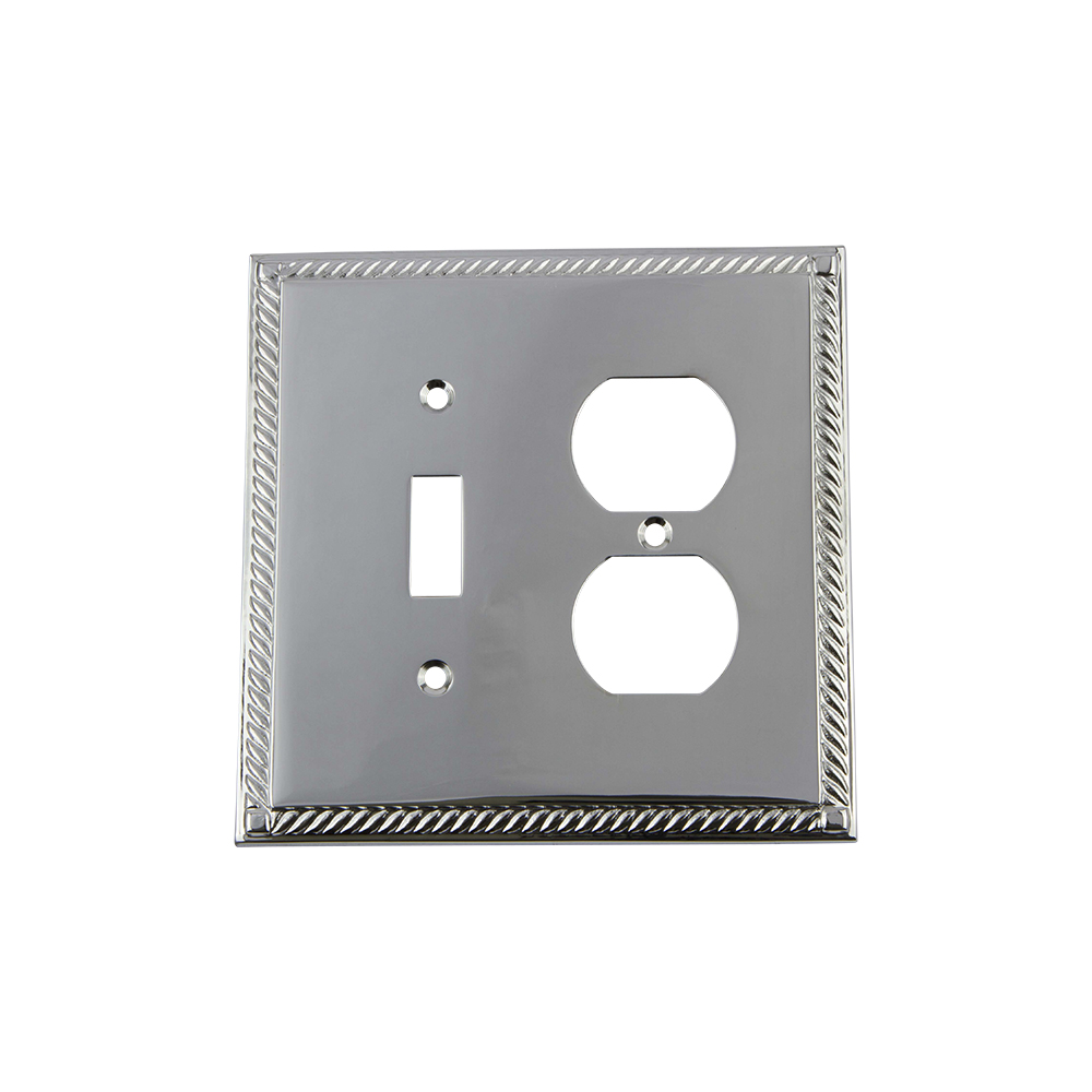Nostalgic Warehouse ROPSWPLTTD Rope Switch Plate with Toggle and Outlet in Bright Chrome
