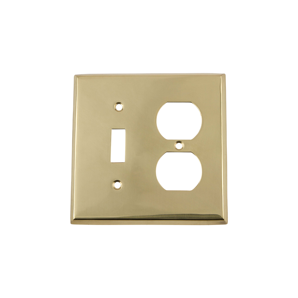 Nostalgic Warehouse NYKSWPLTTD New York Switch Plate with Toggle and Outlet in Polished Brass