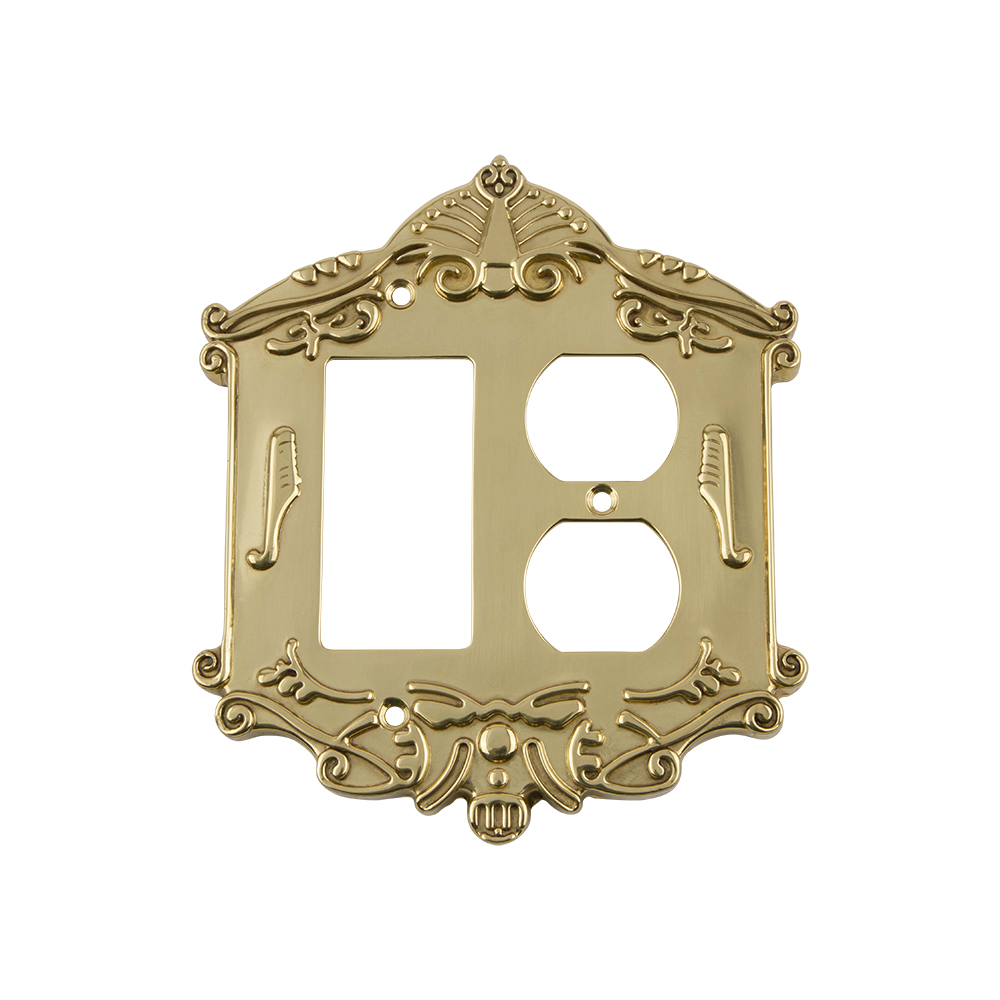 Nostalgic Warehouse VICSWPLTRD Victorian Switch Plate with Rocker and Outlet in Polished Brass