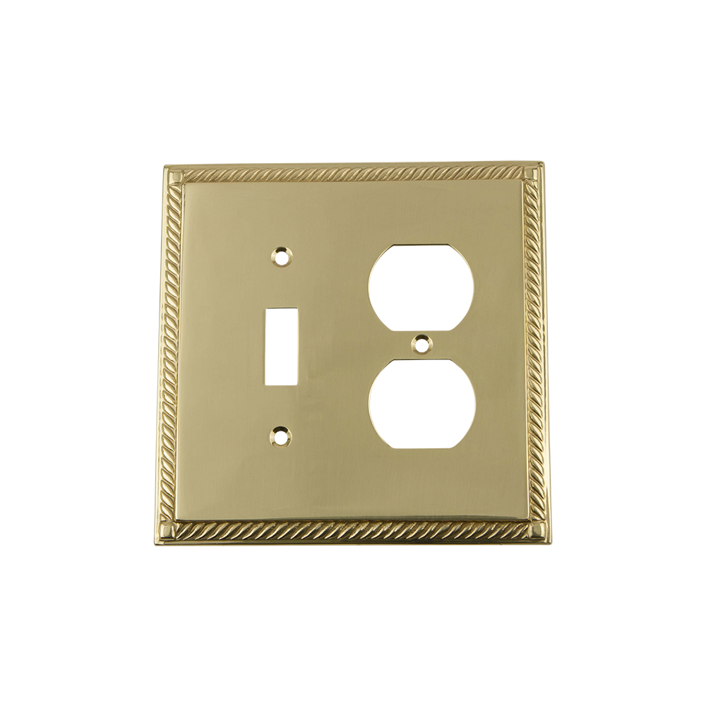 Nostalgic Warehouse ROPSWPLTTD Rope Switch Plate with Toggle and Outlet in Polished Brass