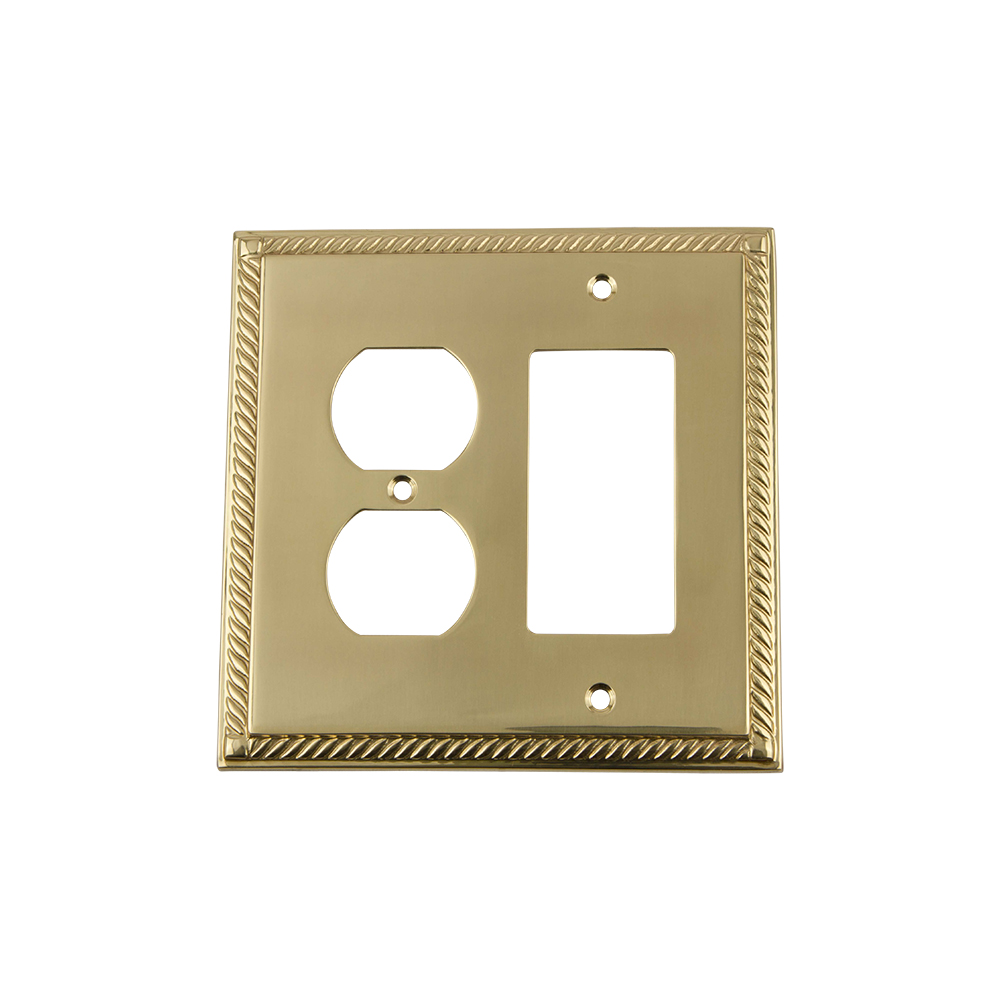 Nostalgic Warehouse ROPSWPLTRD Rope Switch Plate with Rocker and Outlet in Polished Brass
