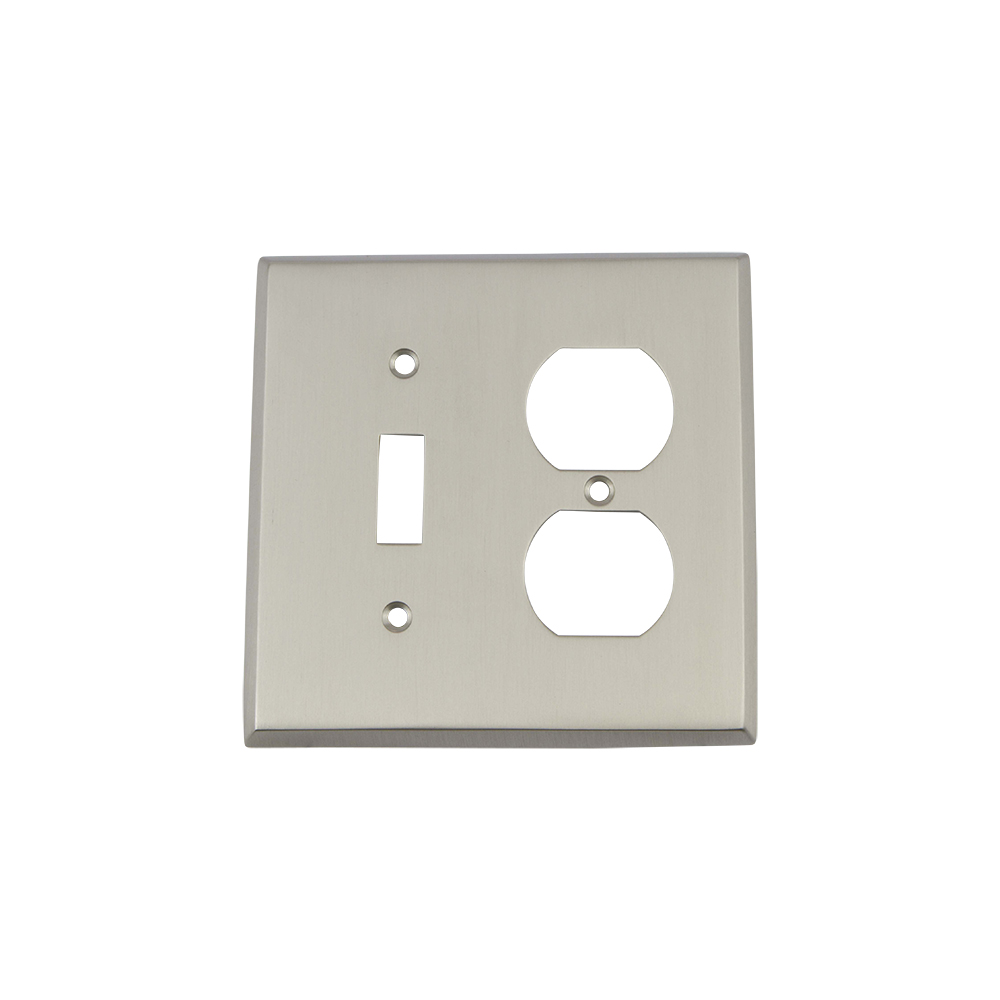 Nostalgic Warehouse NYKSWPLTTD New York Switch Plate with Toggle and Outlet in Satin Nickel