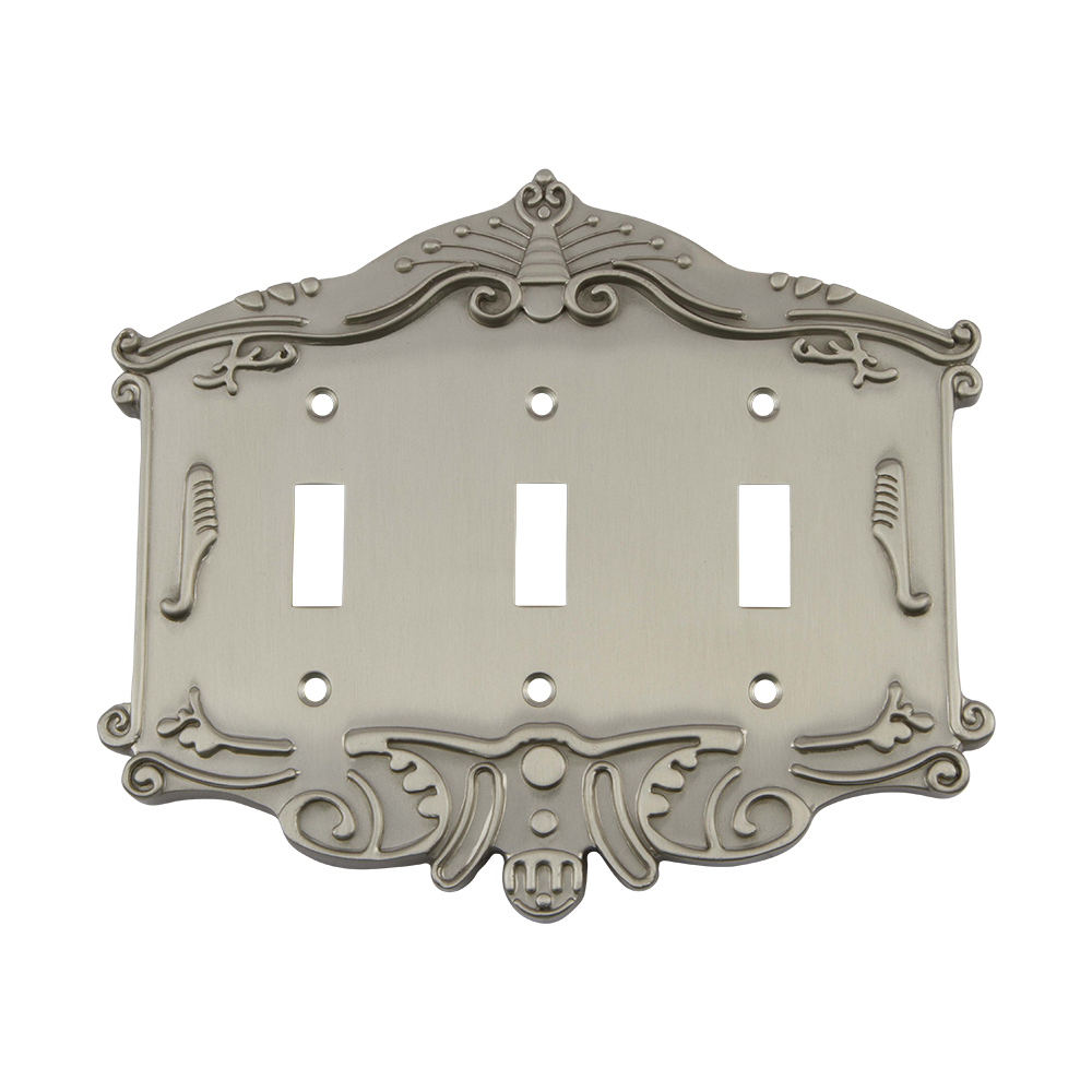 Nostalgic Warehouse VICSWPLTT3 Victorian Switch Plate with Triple Toggle in Satin Nickel