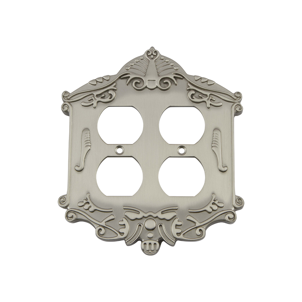Nostalgic Warehouse VICSWPLTD2 Victorian Switch Plate with Double Outlet in Satin Nickel