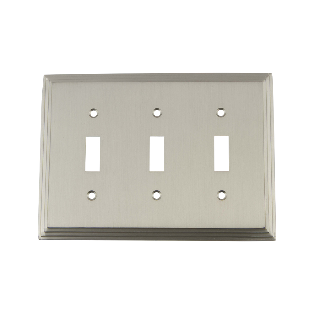Nostalgic Warehouse DECSWPLTT3 Deco Switch Plate with Triple Toggle in Satin Nickel