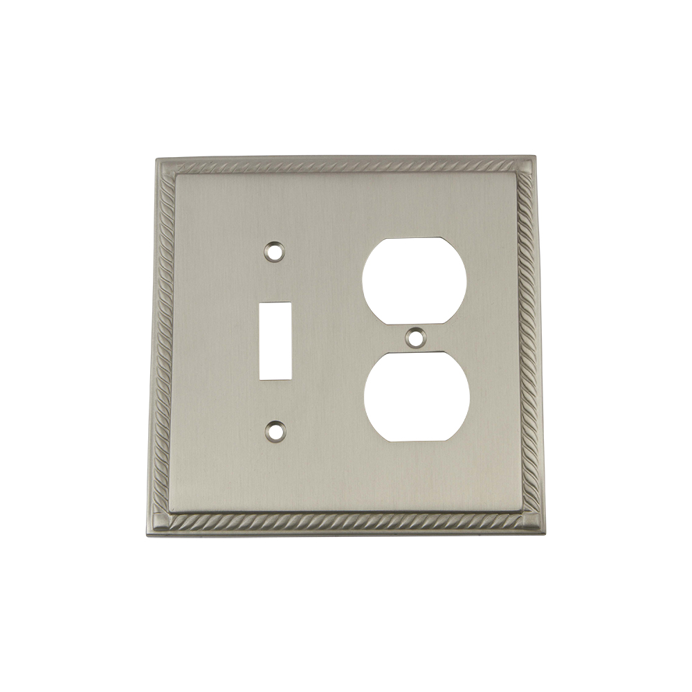 Nostalgic Warehouse ROPSWPLTTD Rope Switch Plate with Toggle and Outlet in Satin Nickel