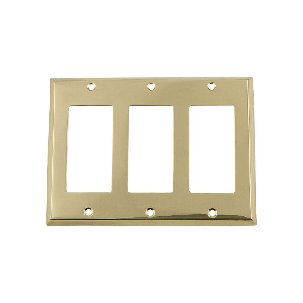 Nostalgic Warehouse NYKSWPLTR3 New York Switch Plate with Triple Rocker in Unlacquered Brass