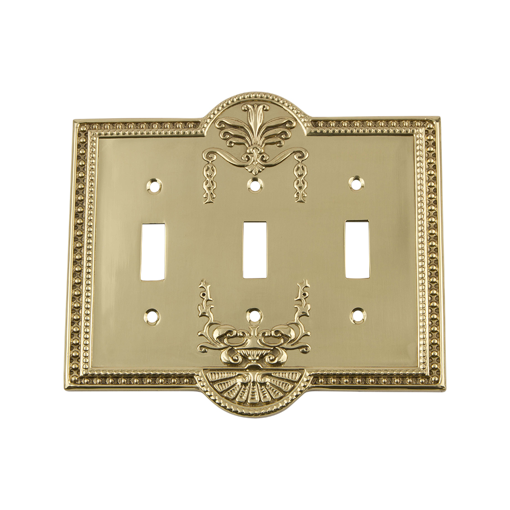 Nostalgic Warehouse MEASWPLTT3 Meadows Switch Plate with Triple Toggle in Unlacquered Brass