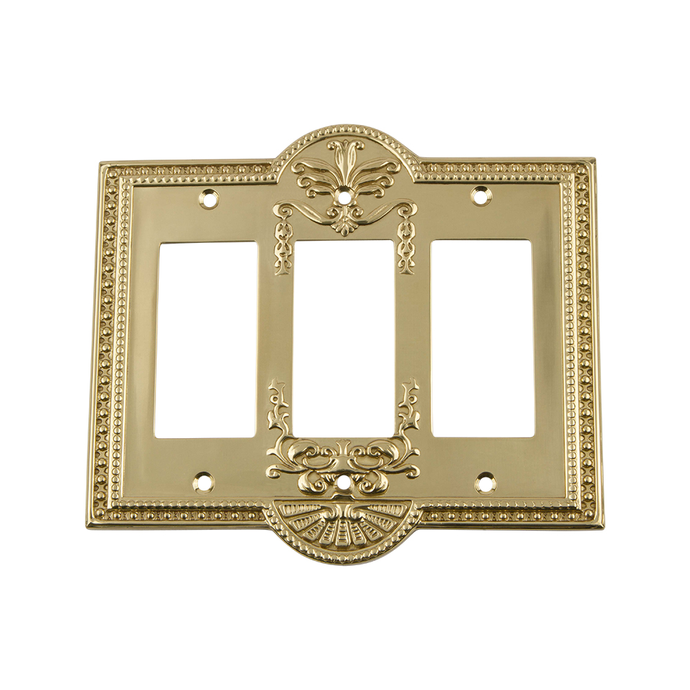 Nostalgic Warehouse MEASWPLTR3 Meadows Switch Plate with Triple Rocker in Unlacquered Brass