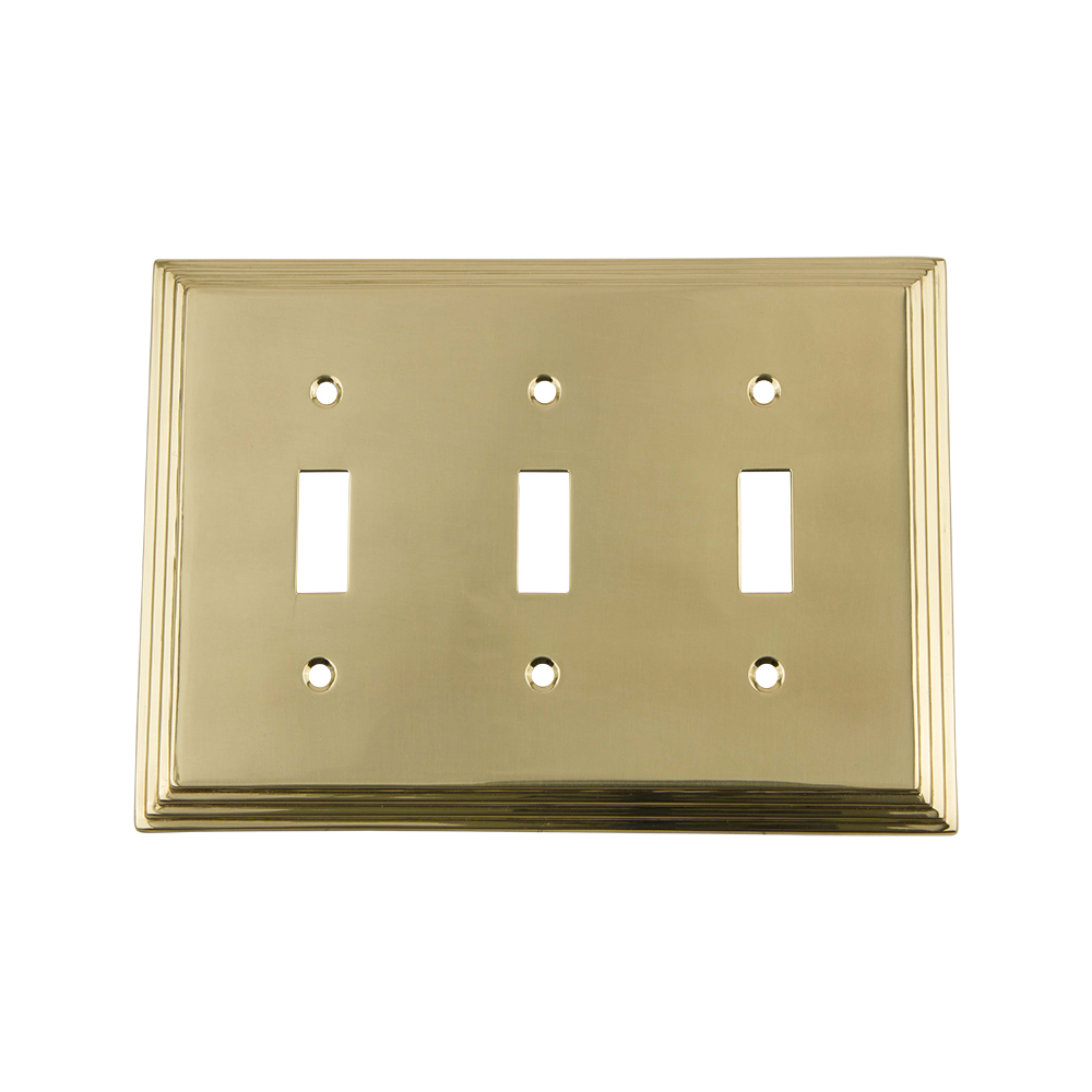 Nostalgic Warehouse DECSWPLTT3 Deco Switch Plate with Triple Toggle in Unlacquered Brass