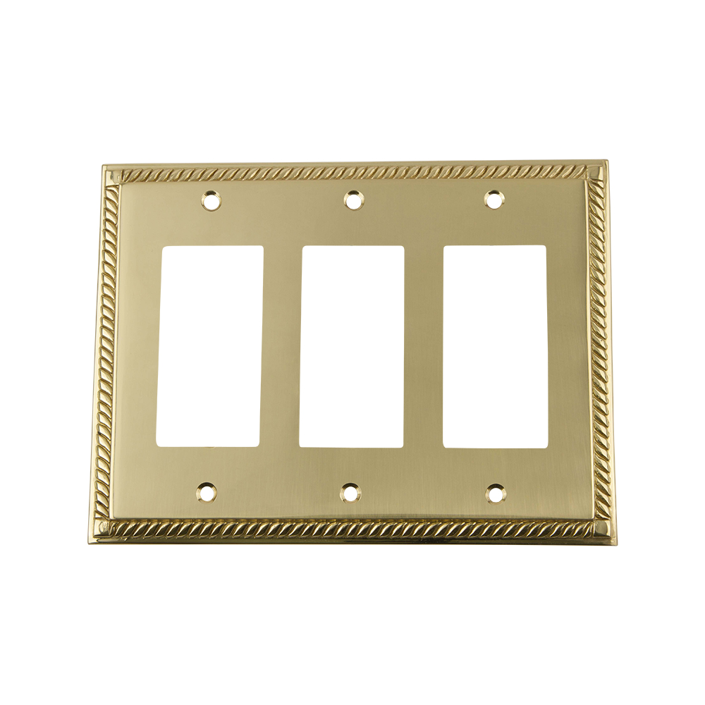 Nostalgic Warehouse ROPSWPLTR3 Rope Switch Plate with Triple Rocker in Unlacquered Brass