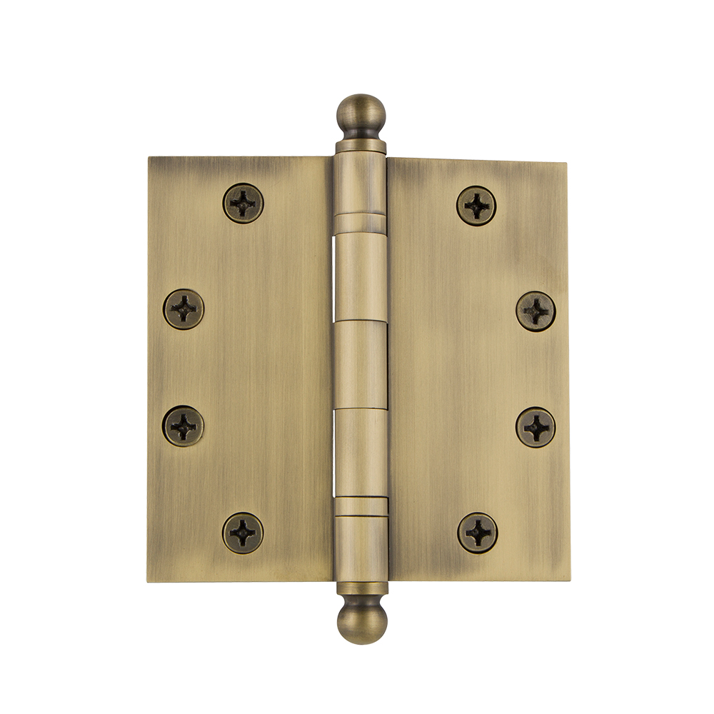 Nostalgic Warehouse BALHNG  4.5" Ball Tip Heavy Duty Hinge with Square Corners in Antique Brass