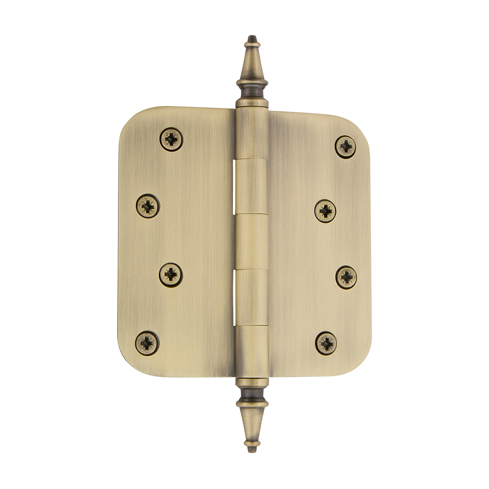 Nostalgic Warehouse STEHNG  4" Steeple Tip Residential Hinge with 5/8" Radius Corners in Antique Brass