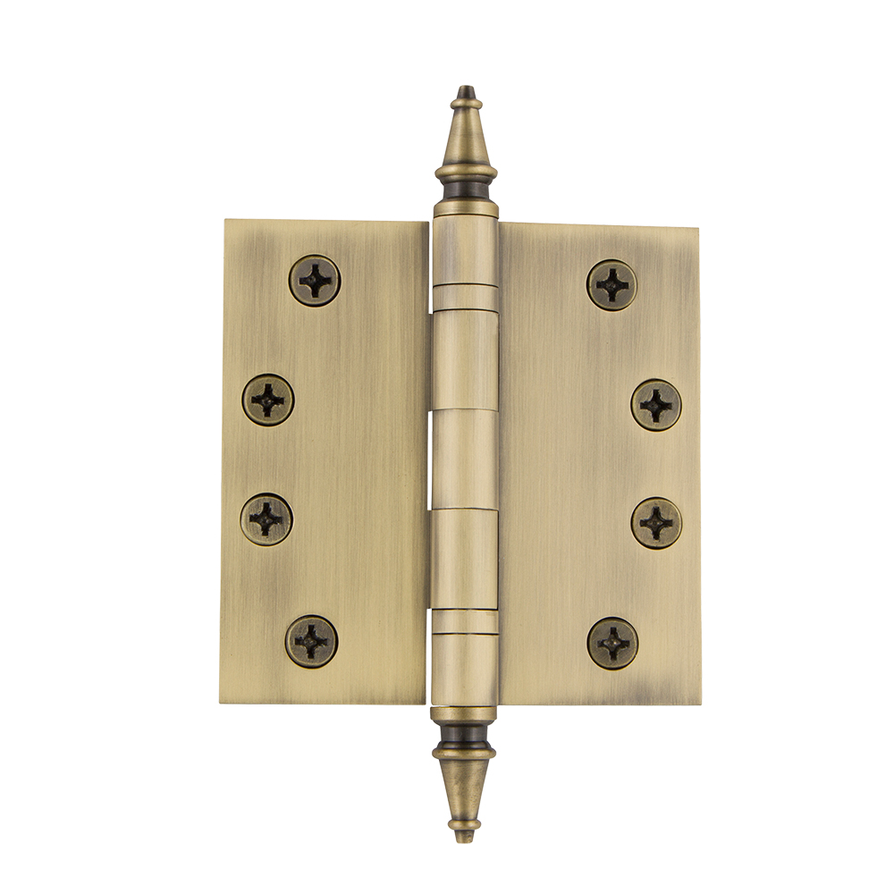 Nostalgic Warehouse STEHNG  4" Steeple Tip Heavy Duty Hinge with Square Corners in Antique Brass