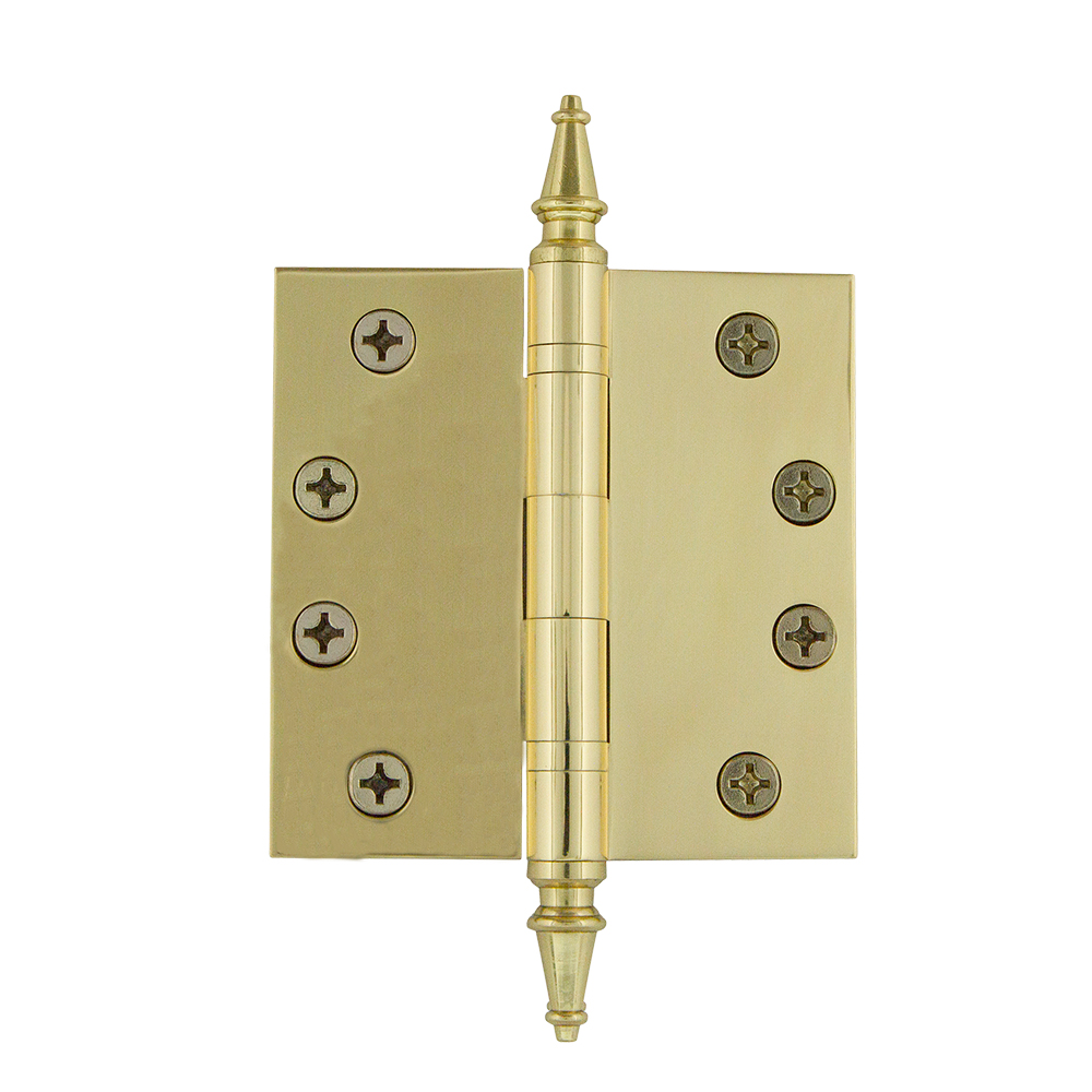 Nostalgic Warehouse STEHNG  4" Steeple Tip Heavy Duty Hinge with Square Corners in Polished Brass