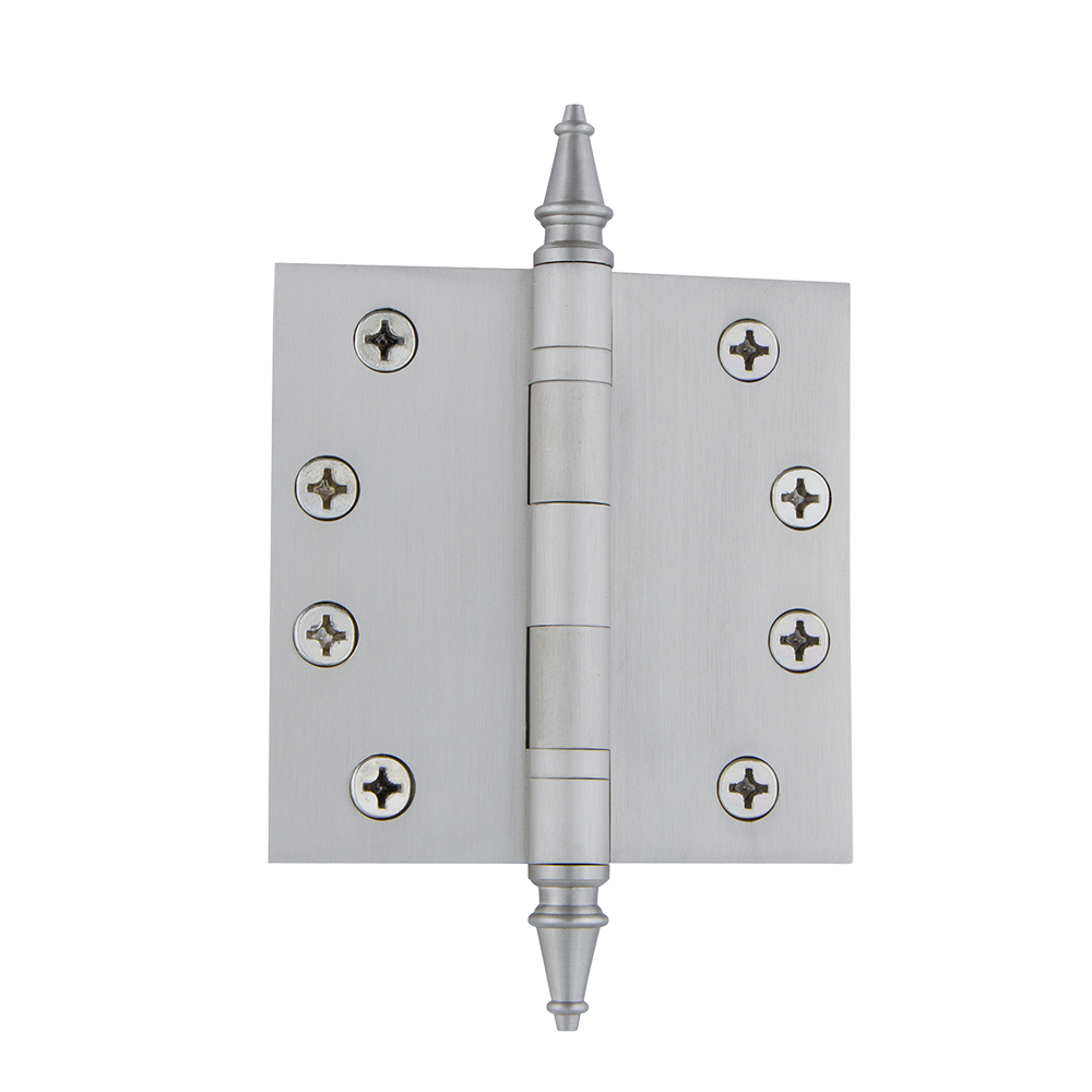 Nostalgic Warehouse STEHNG  4" Steeple Tip Heavy Duty Hinge with Square Corners in Satin Nickel