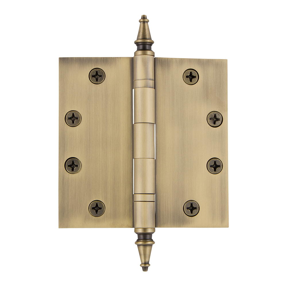 Nostalgic Warehouse STEHNG  4.5" Steeple Tip Heavy Duty Hinge with Square Corners in Antique Brass