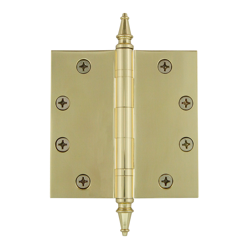 Nostalgic Warehouse STEHNG  4.5" Steeple Tip Heavy Duty Hinge with Square Corners in Polished Brass