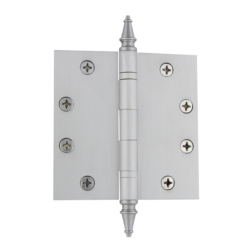 Nostalgic Warehouse STEHNG  4.5" Steeple Tip Heavy Duty Hinge with Square Corners in Satin Nickel