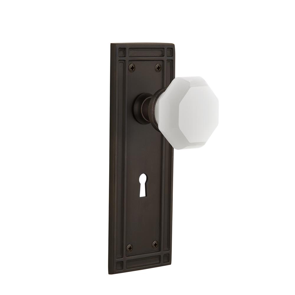 Nostalgic Warehouse MISWAW Mission Plate with Keyhole Passage Waldorf White Milk Glass Knob in Oil-Rubbed Bronze 