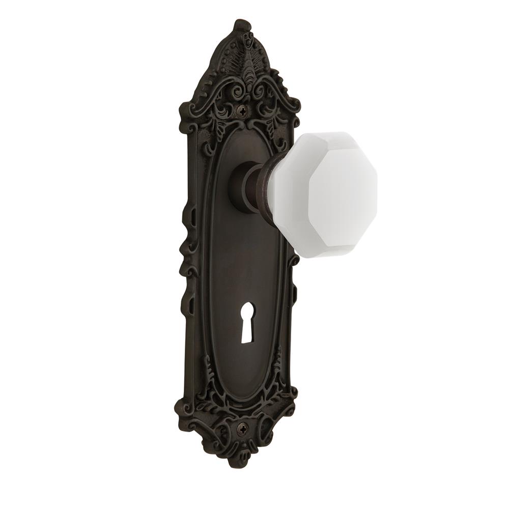 Nostalgic Warehouse VICWAW Victorian Plate with Keyhole Single Dummy Waldorf White Milk Glass Knob in Oil-Rubbed Bronze