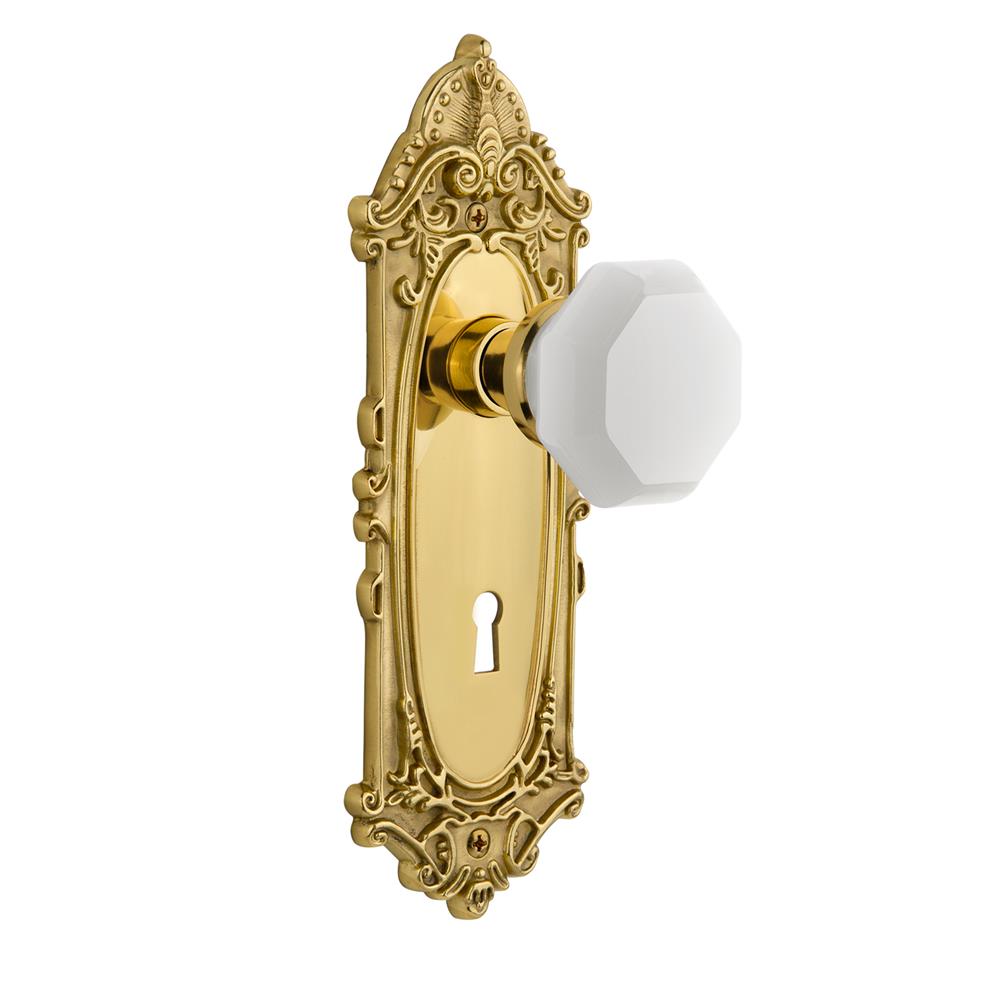 Nostalgic Warehouse VICWAW Victorian Plate with Keyhole Single Dummy Waldorf White Milk Glass Knob in Unlacquered Brass