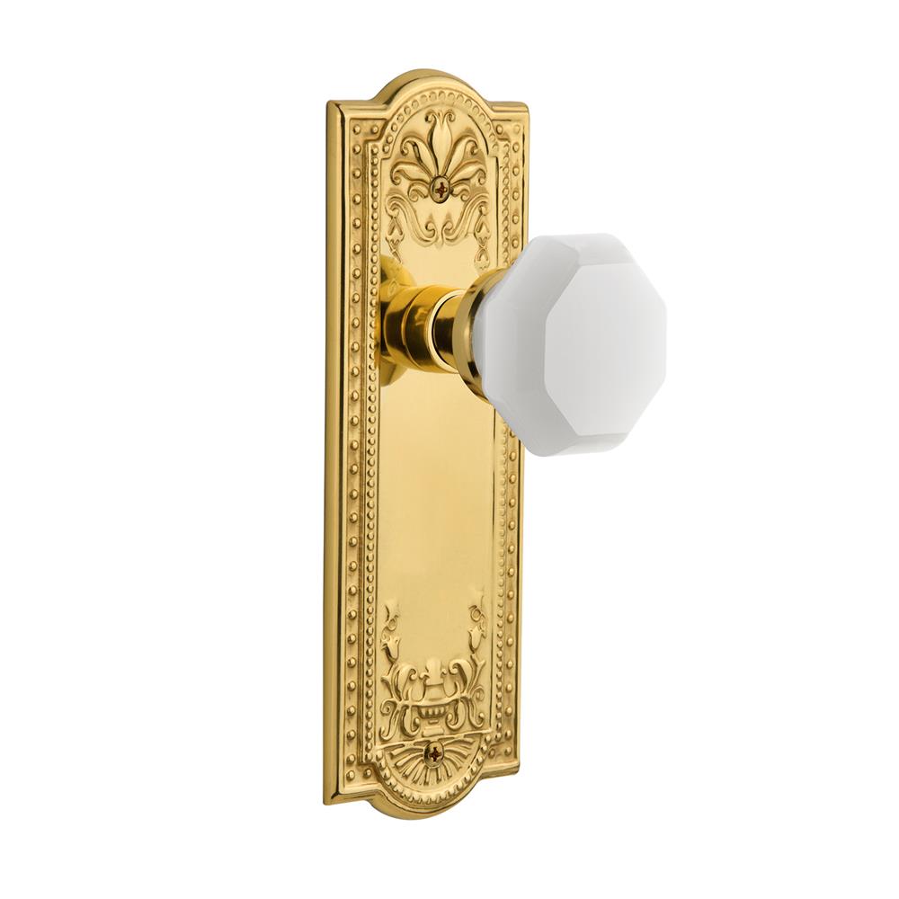 Nostalgic Warehouse MEAWAW Meadows Plate Privacy Waldorf White Milk Glass Knob in Unlacquered Brass 