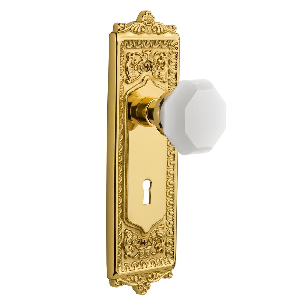 Nostalgic Warehouse EADWAW Egg & Dart Plate with Keyhole Privacy Waldorf White Milk Glass Knob in Unlacquered Brass 