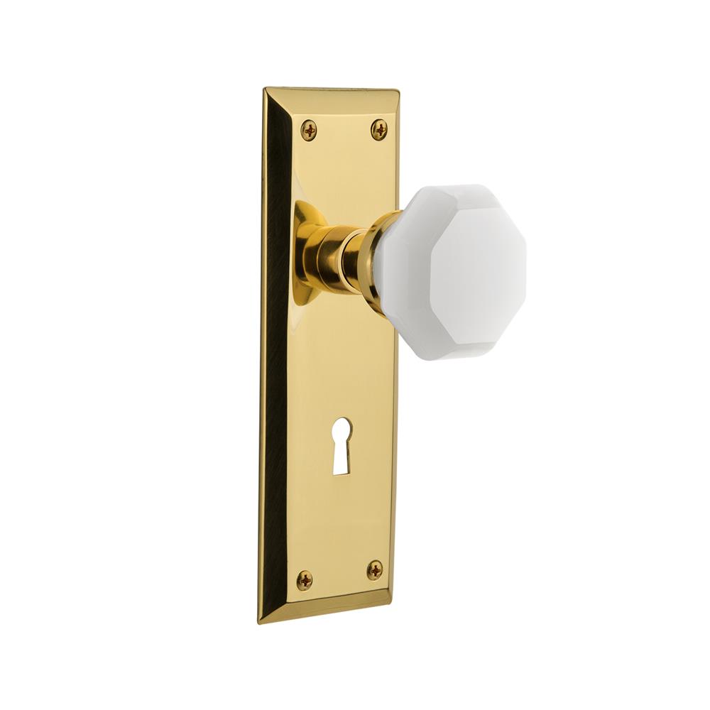 Nostalgic Warehouse NYKWAW New York Plate with Keyhole Privacy Waldorf White Milk Glass Knob in Unlacquered Brass 