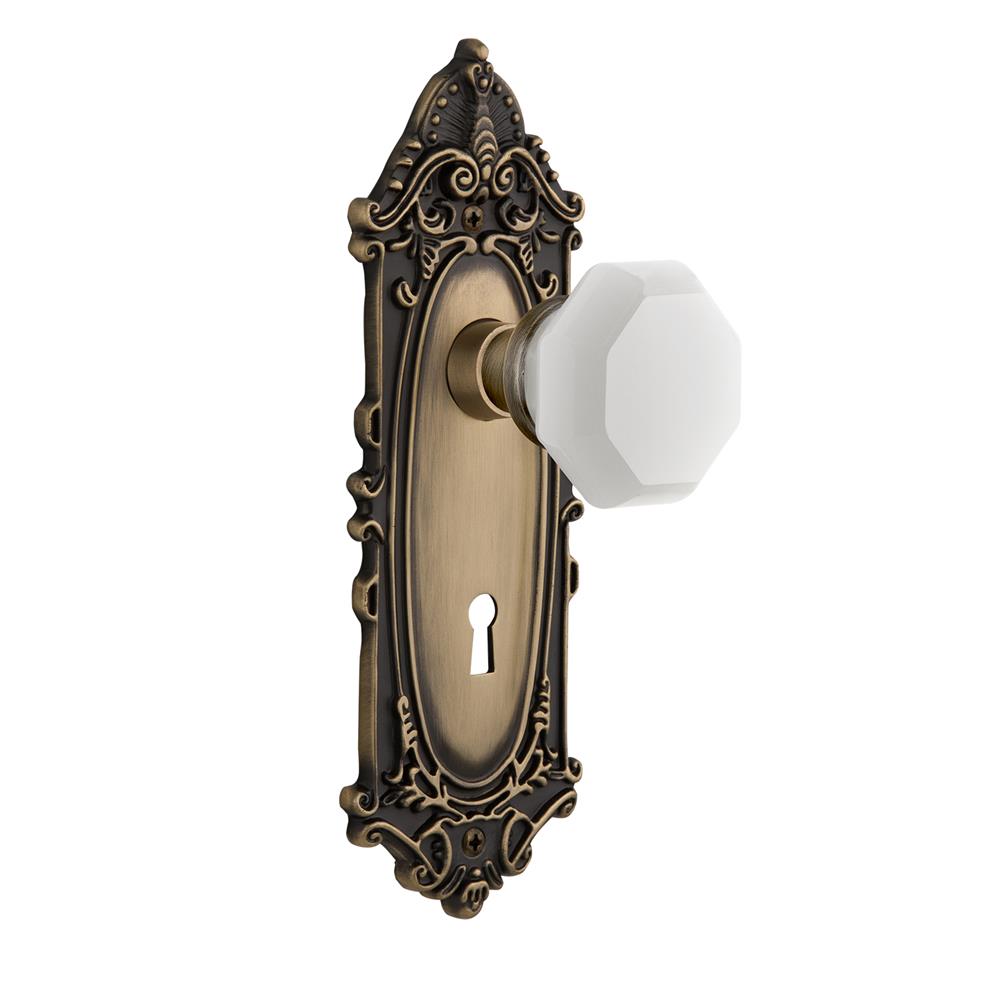 Nostalgic Warehouse VICWAW Victorian Plate with Keyhole Privacy Waldorf White Milk Glass Knob in Antique Brass 