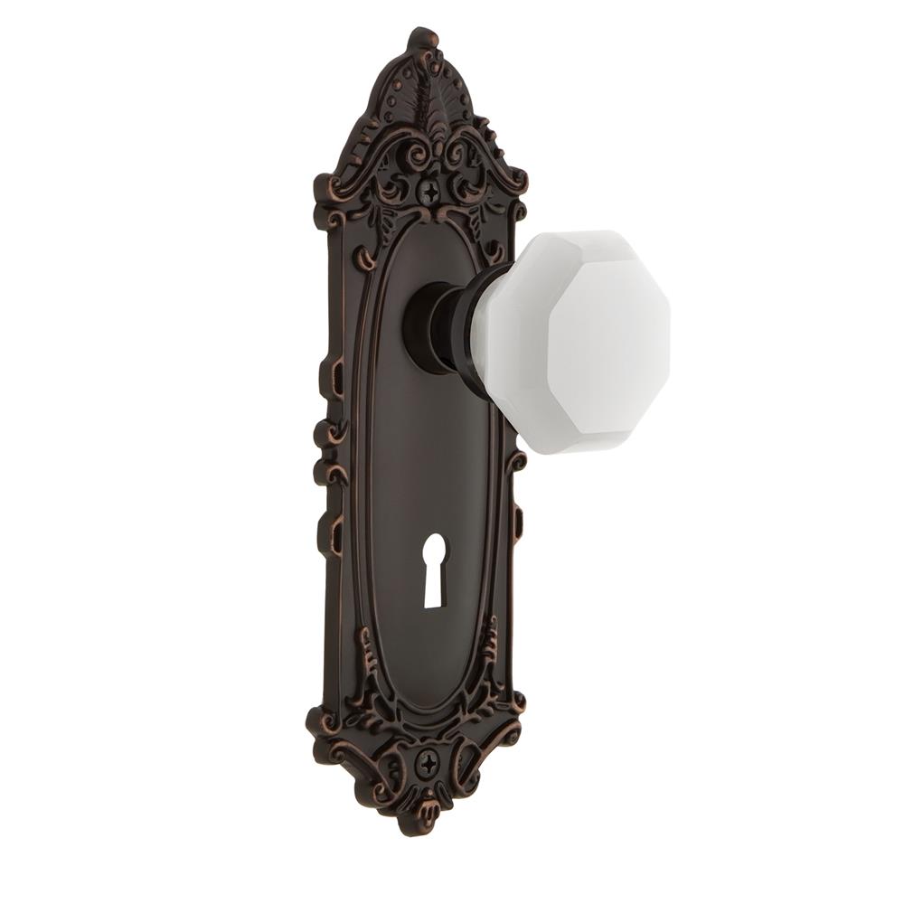 Nostalgic Warehouse VICWAW Victorian Plate with Keyhole Privacy Waldorf White Milk Glass Knob in Timeless Bronze