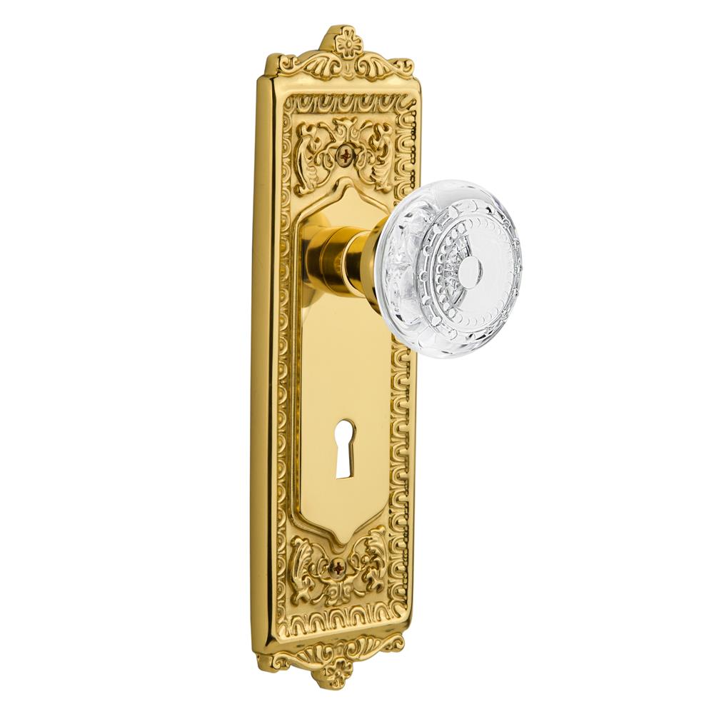 Nostalgic Warehouse EADCME Egg & Dart Plate Privacy with Keyhole Crystal Meadows Knob in Unlacquered Brass