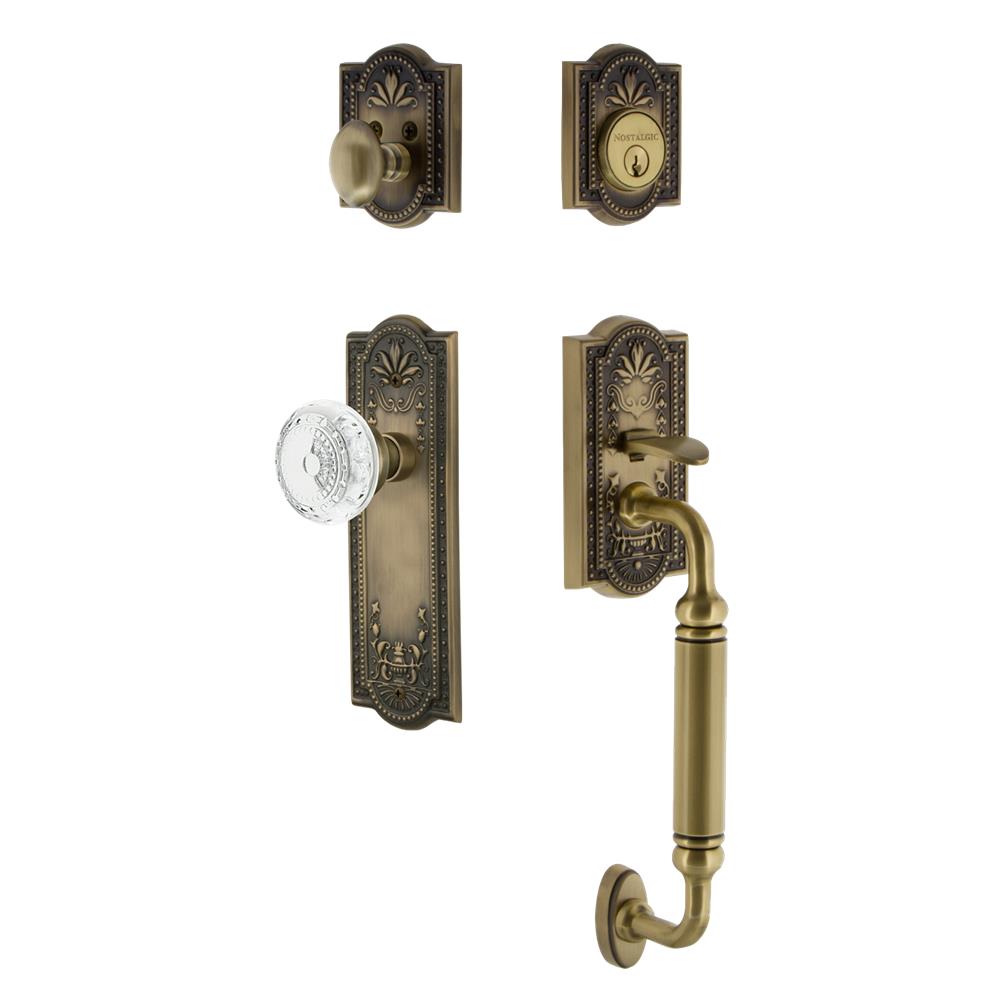 Nostalgic Warehouse MEACGRCME Meadows Plate C Grip Entry Set Crystal Meadows Knob in Antique Brass