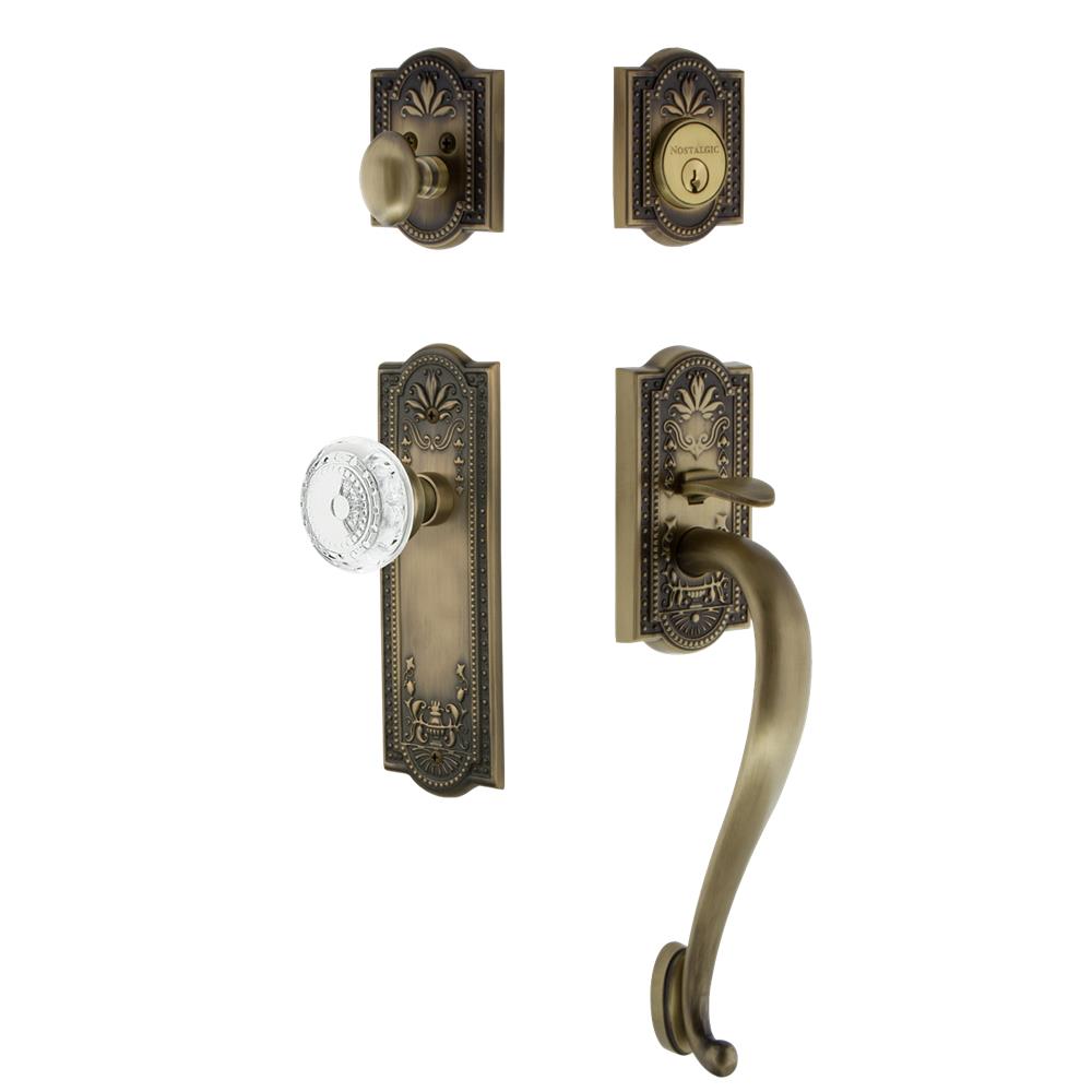 Nostalgic Warehouse MEASGRCME Meadows Plate S Grip Entry Set Crystal Meadows Knob in Antique Brass