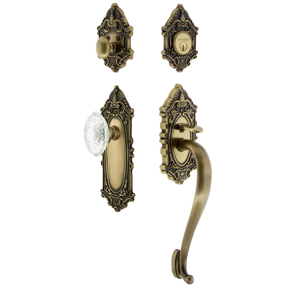 Nostalgic Warehouse VICSGRCVI Victorian Plate S Grip Entry Set Crystal Victorian Knob in Antique Brass