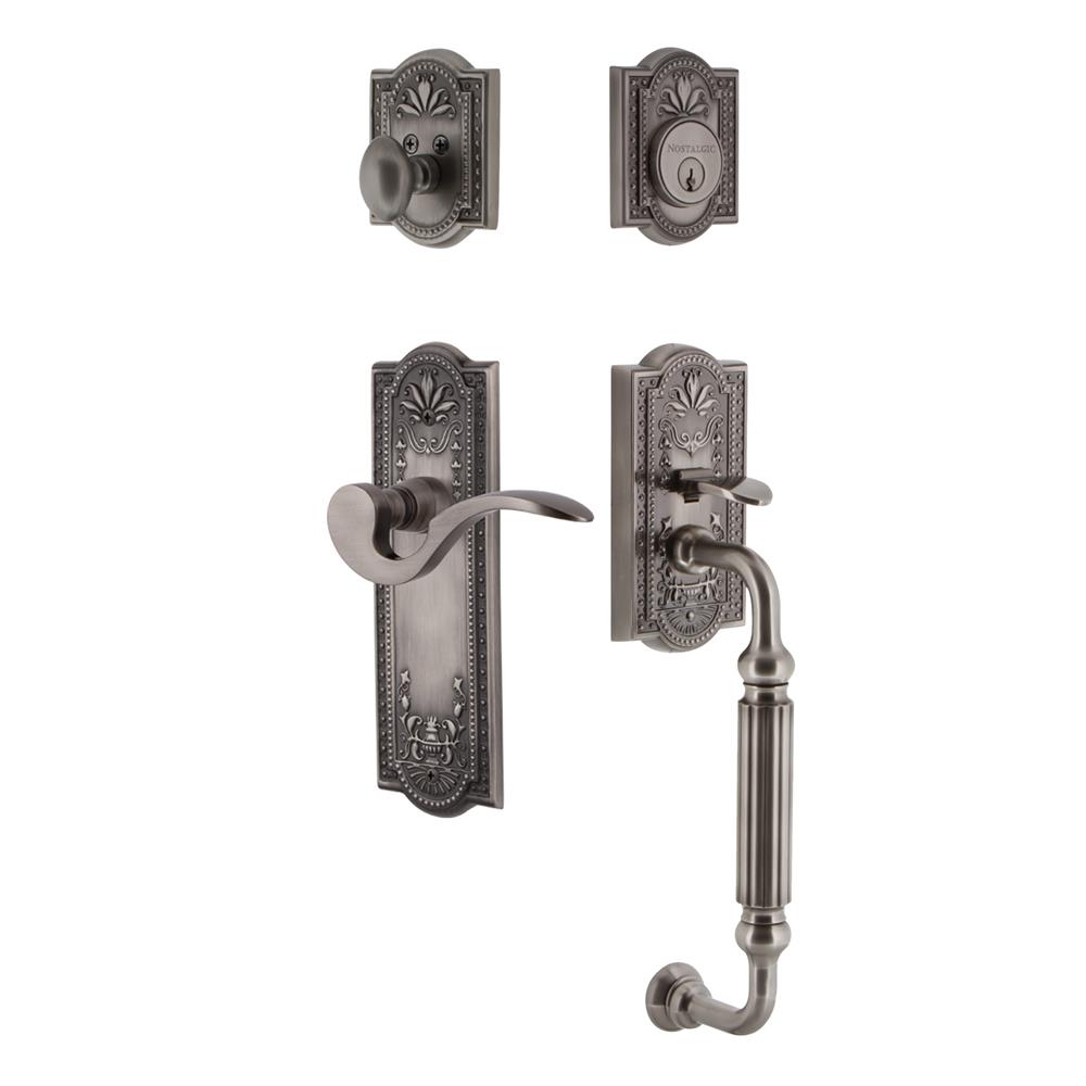 Nostalgic Warehouse MEAFGRMAN Meadows Plate F Grip Entry Set Manor Lever in Antique Pewter