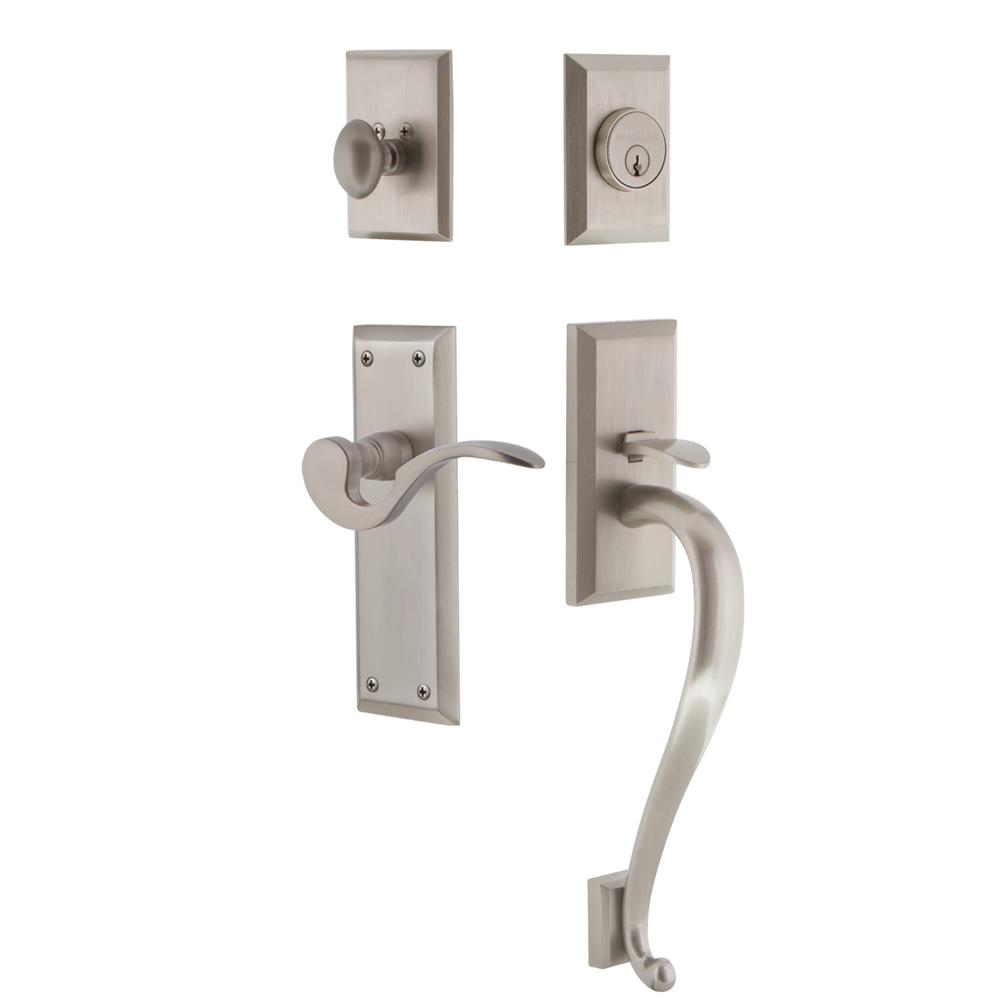 Nostalgic Warehouse NYKSGRMAN New York Plate S Grip Entry Set Manor Lever in Satin Nickel 