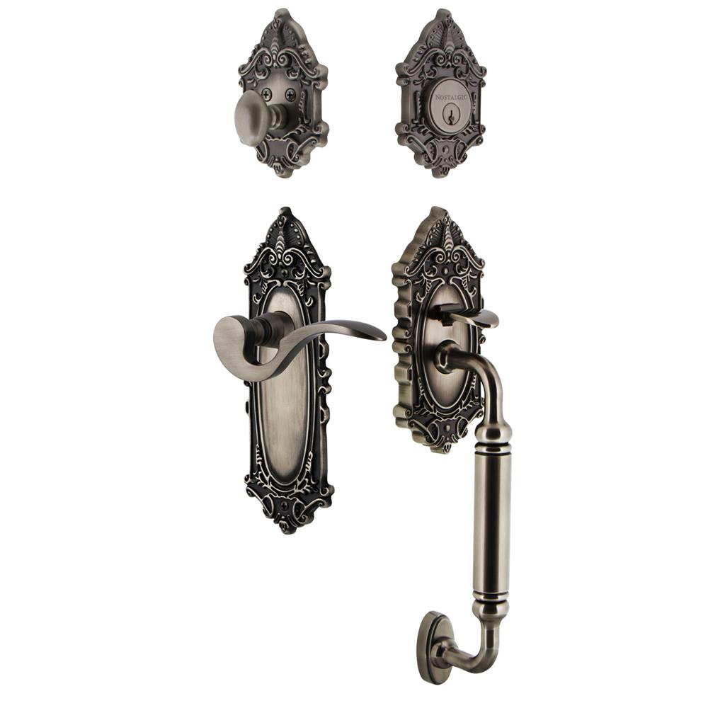 Nostalgic Warehouse VICCGRMAN Victorian Plate C Grip Entry Set Manor Lever in Antique Pewter