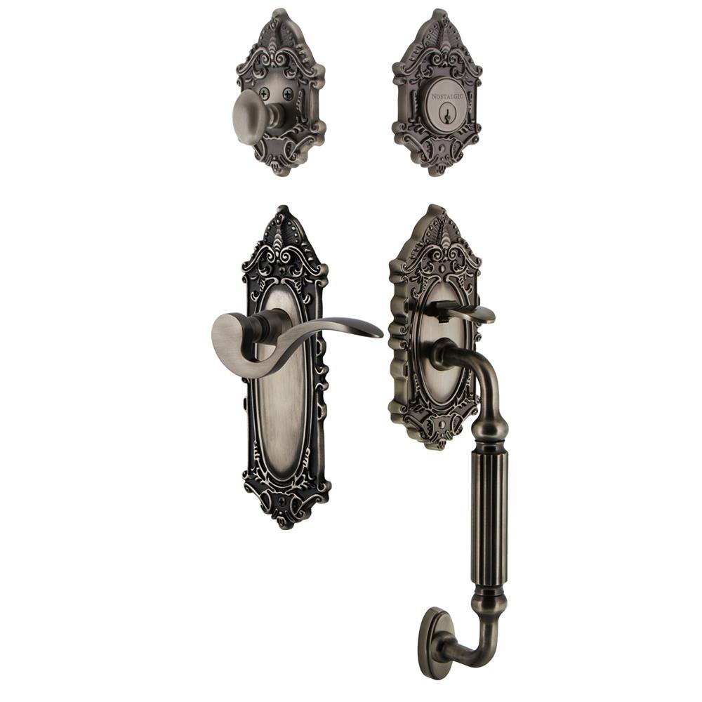 Nostalgic Warehouse VICFGRMAN Victorian Plate F Grip Entry Set Manor Lever in Antique Pewter