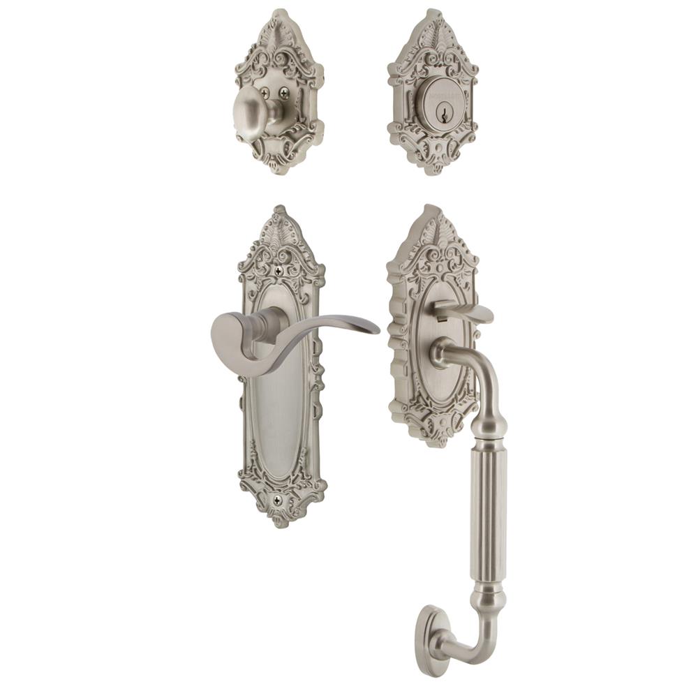 Nostalgic Warehouse VICFGRMAN Victorian Plate F Grip Entry Set Manor Lever in Satin Nickel