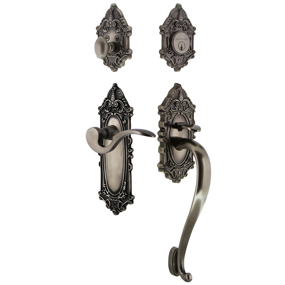 Nostalgic Warehouse VICSGRMAN Victorian Plate S Grip Entry Set Manor Lever in Antique Pewter