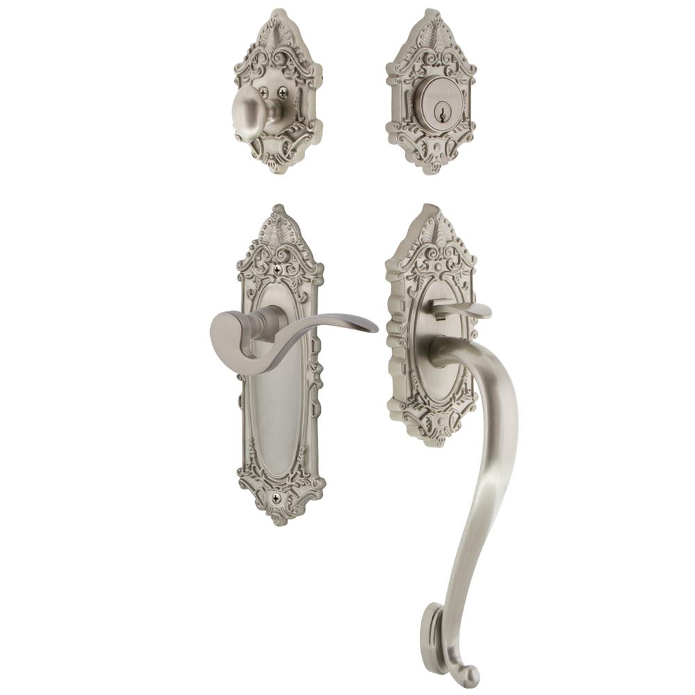 Nostalgic Warehouse VICSGRMAN Victorian Plate S Grip Entry Set Manor Lever in Satin Nickel