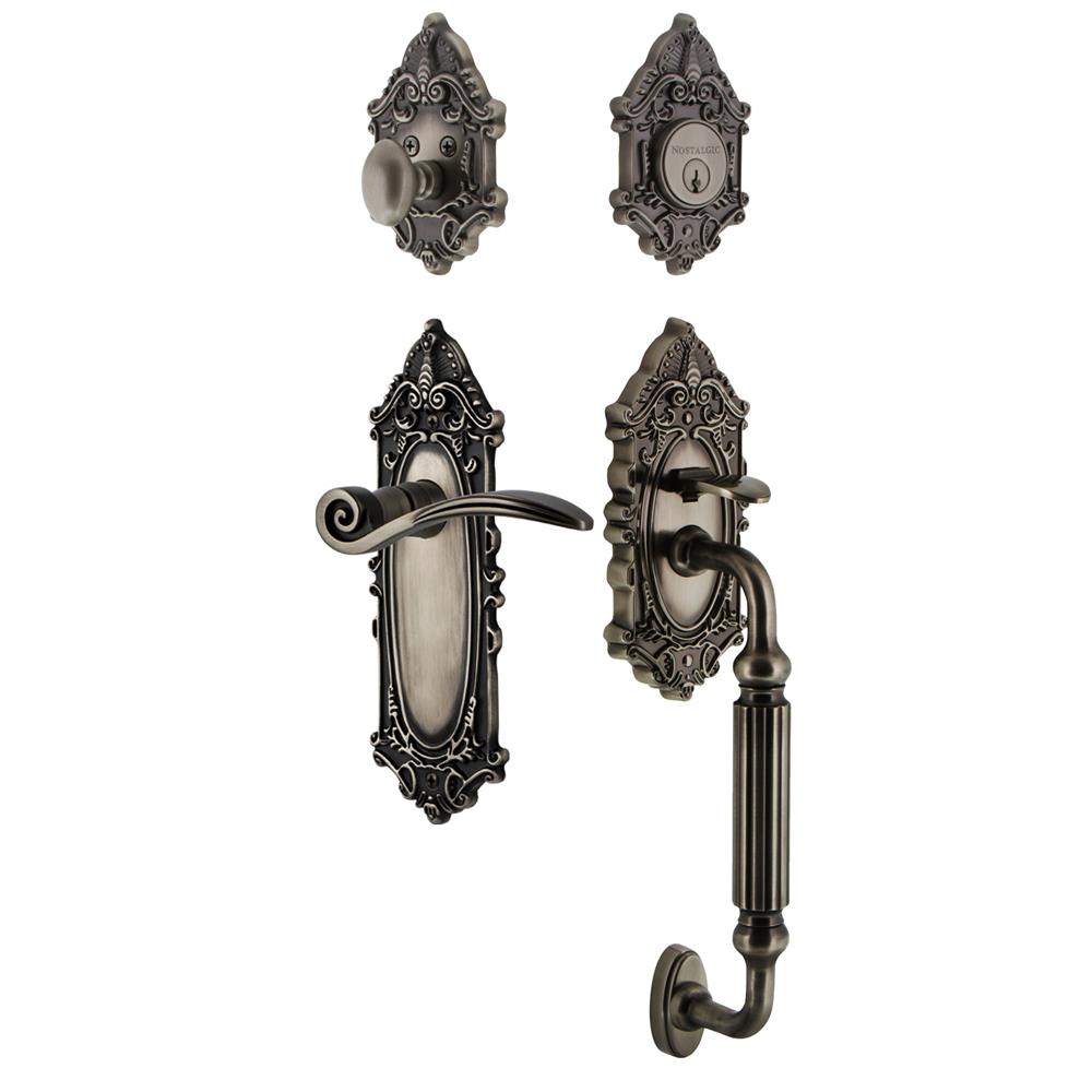 Nostalgic Warehouse VICFGRSWN Victorian Plate F Grip Entry Set Swan Lever in Antique Pewter