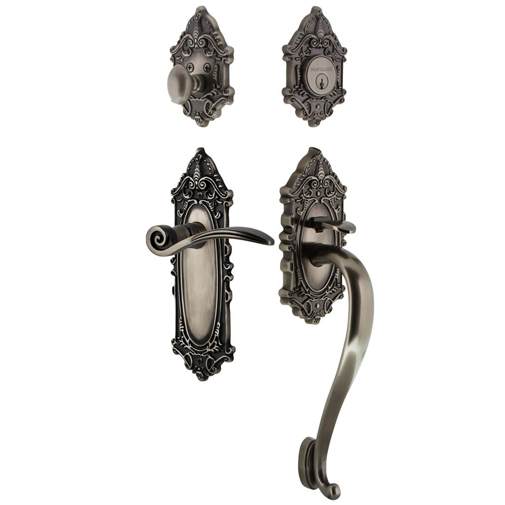 Nostalgic Warehouse VICSGRSWN Victorian Plate S Grip Entry Set Swan Lever in Antique Pewter
