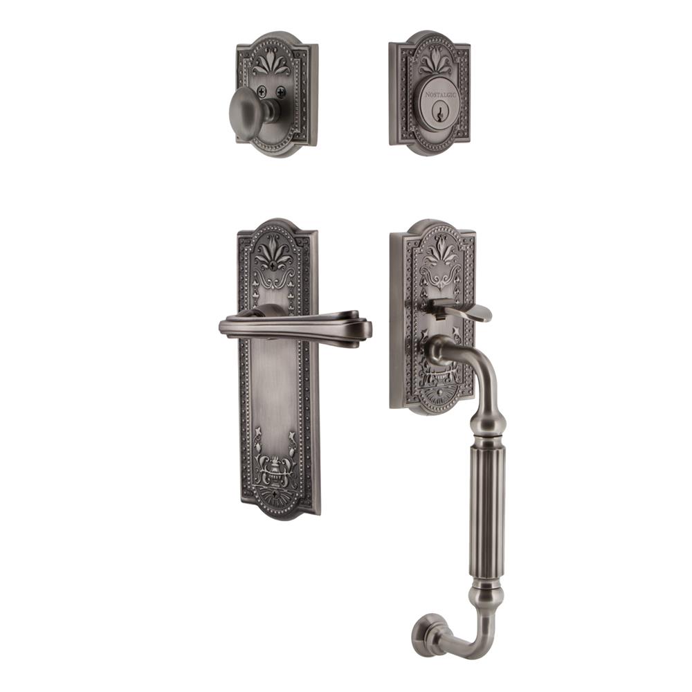 Nostalgic Warehouse MEAFGRFLR Meadows Plate F Grip Entry Set Fleur Lever in Antique Pewter