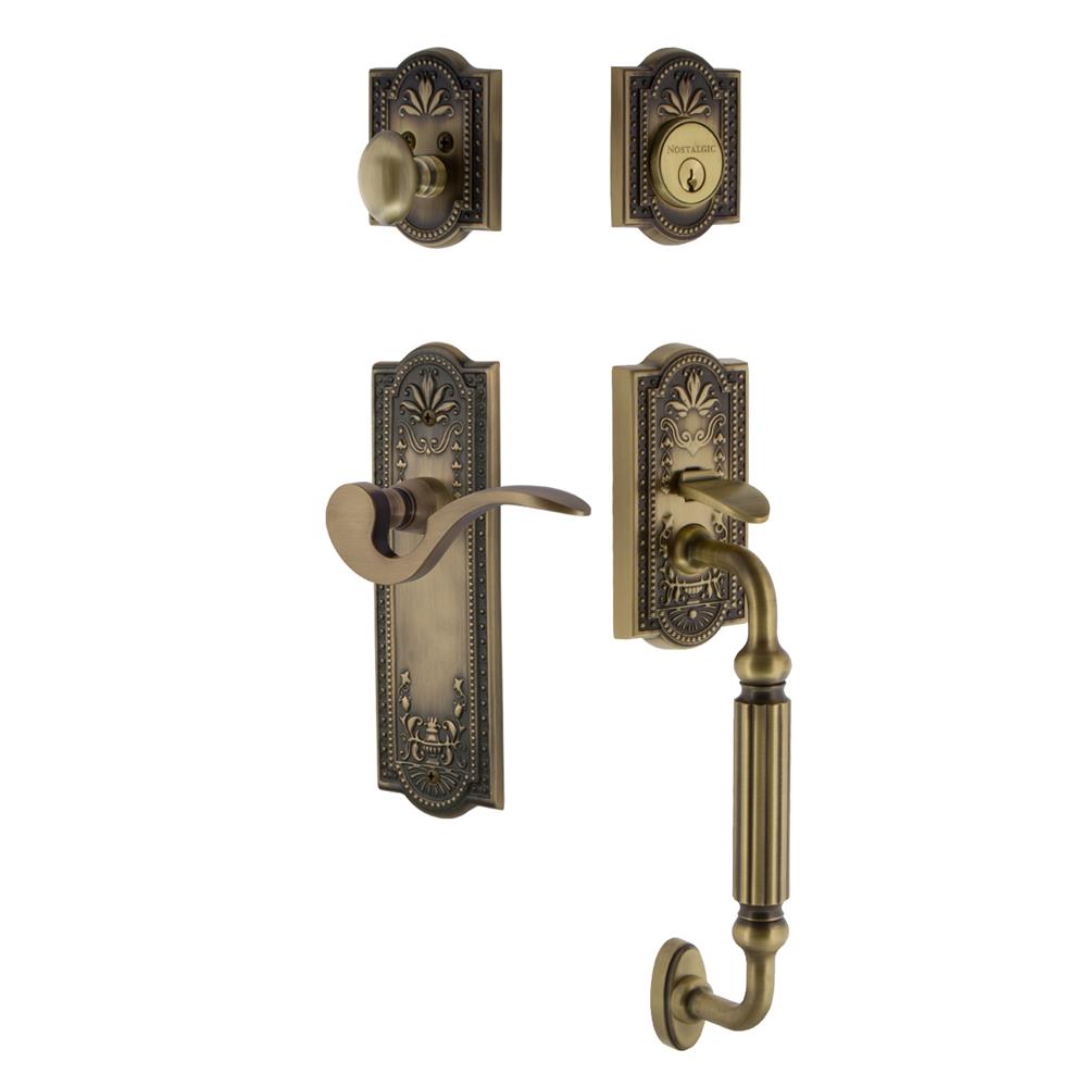 Nostalgic Warehouse MEAFGRMAN Meadows Plate F Grip Entry Set Manor Lever in Antique Brass