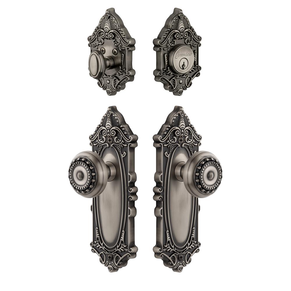 Grandeur by Nostalgic Warehouse GVCPAR Grande Vic Plate with Parthenon Knob and matching Deadbolt in Antique Pewter