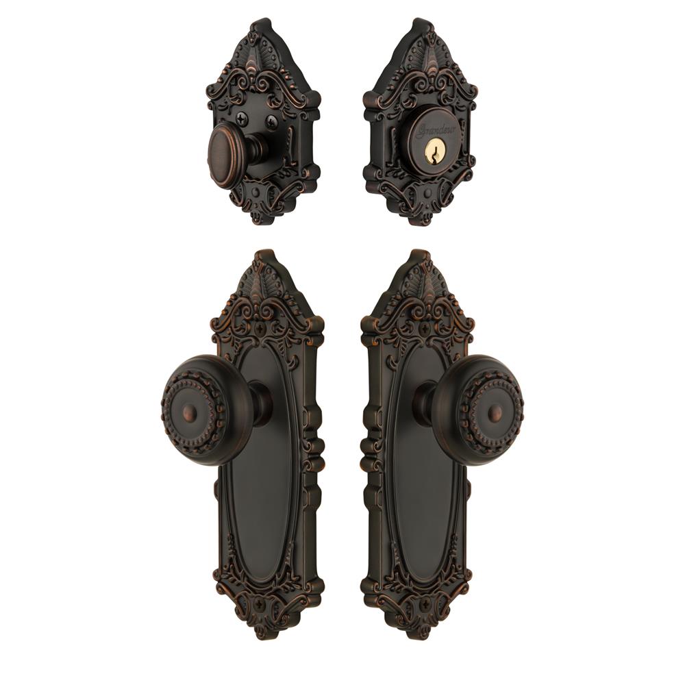 Grandeur by Nostalgic Warehouse GVCPAR Grande Vic Plate with Parthenon Knob and matching Deadbolt in Timeless Bronze