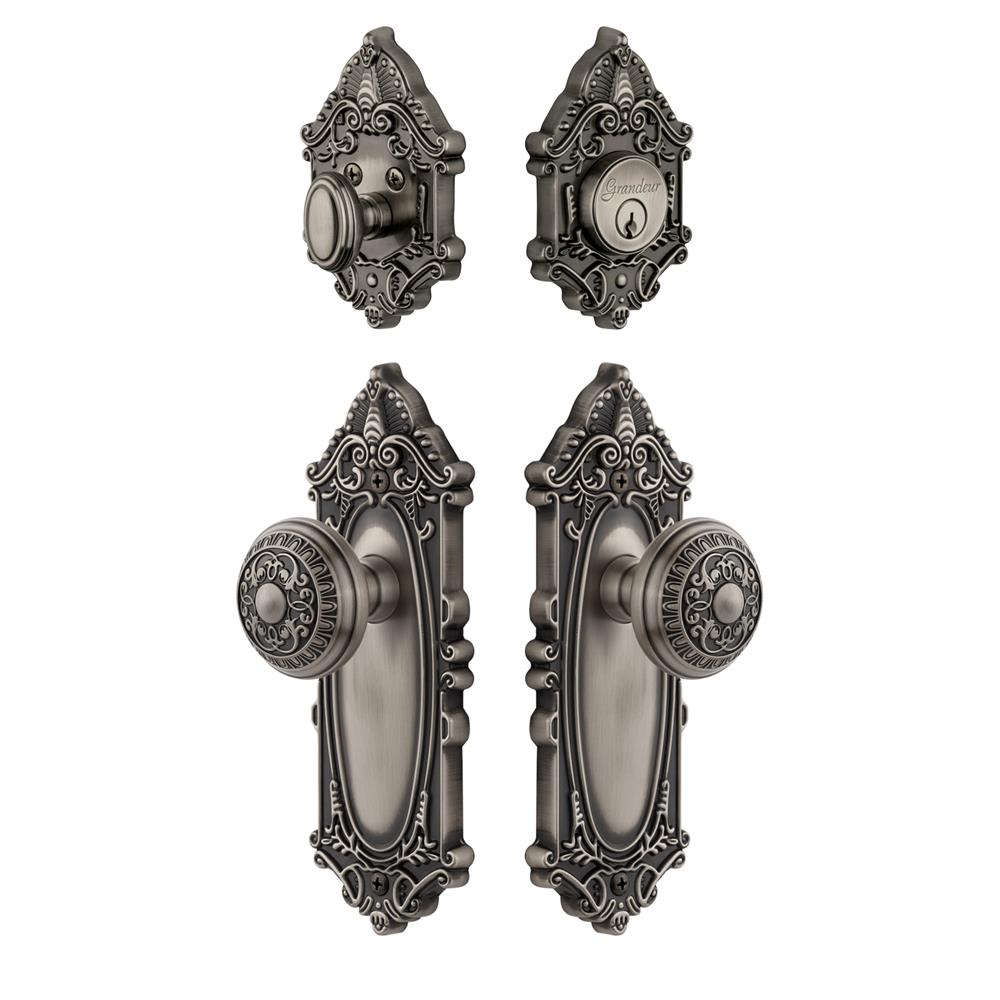 Grandeur by Nostalgic Warehouse GVCWIN Grande Vic Plate with Windsor Knob and matching Deadbolt in Antique Pewter